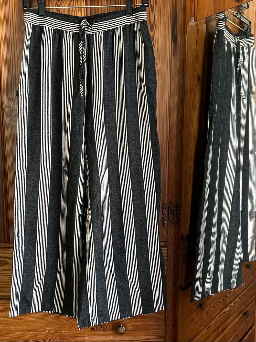 Tribal Jeans- Striped Wide Leg Linen blend Pants, Navy Blue & White, Pockets XS